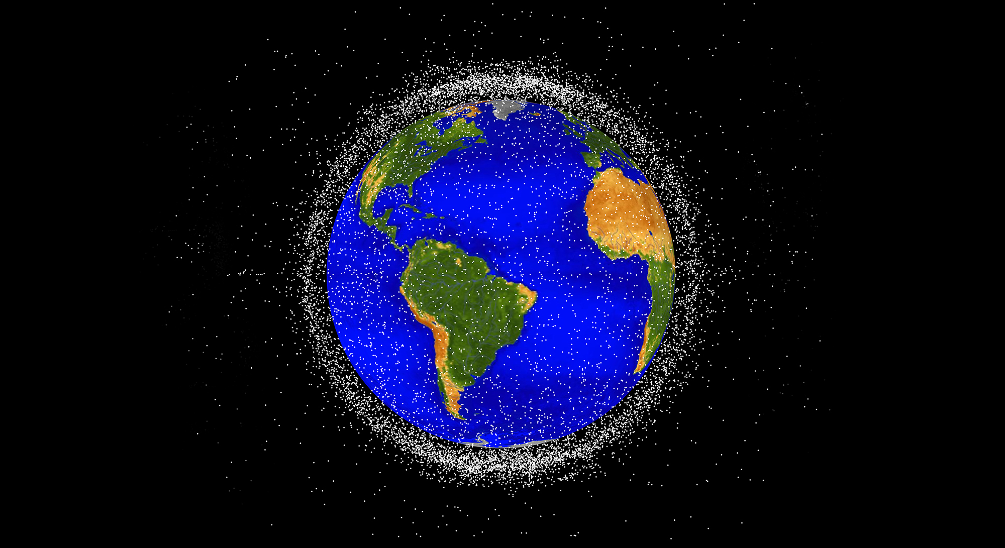 An illustration depicting thousands of human-made objects orbiting Earth