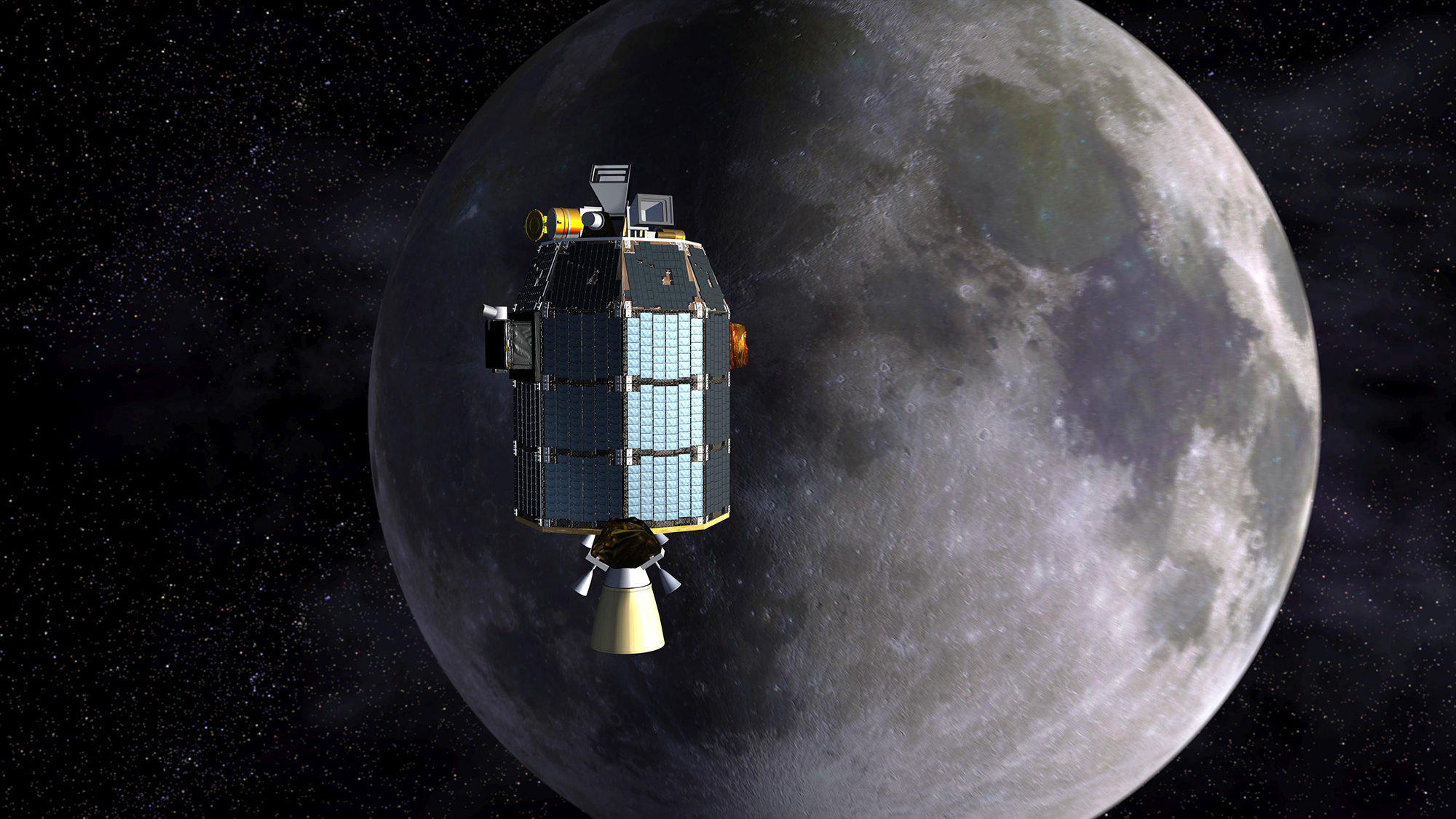 An artist's rendering of the Lunar Atmosphere and Dust Environment Explorer (LADEE) near Earth's moon