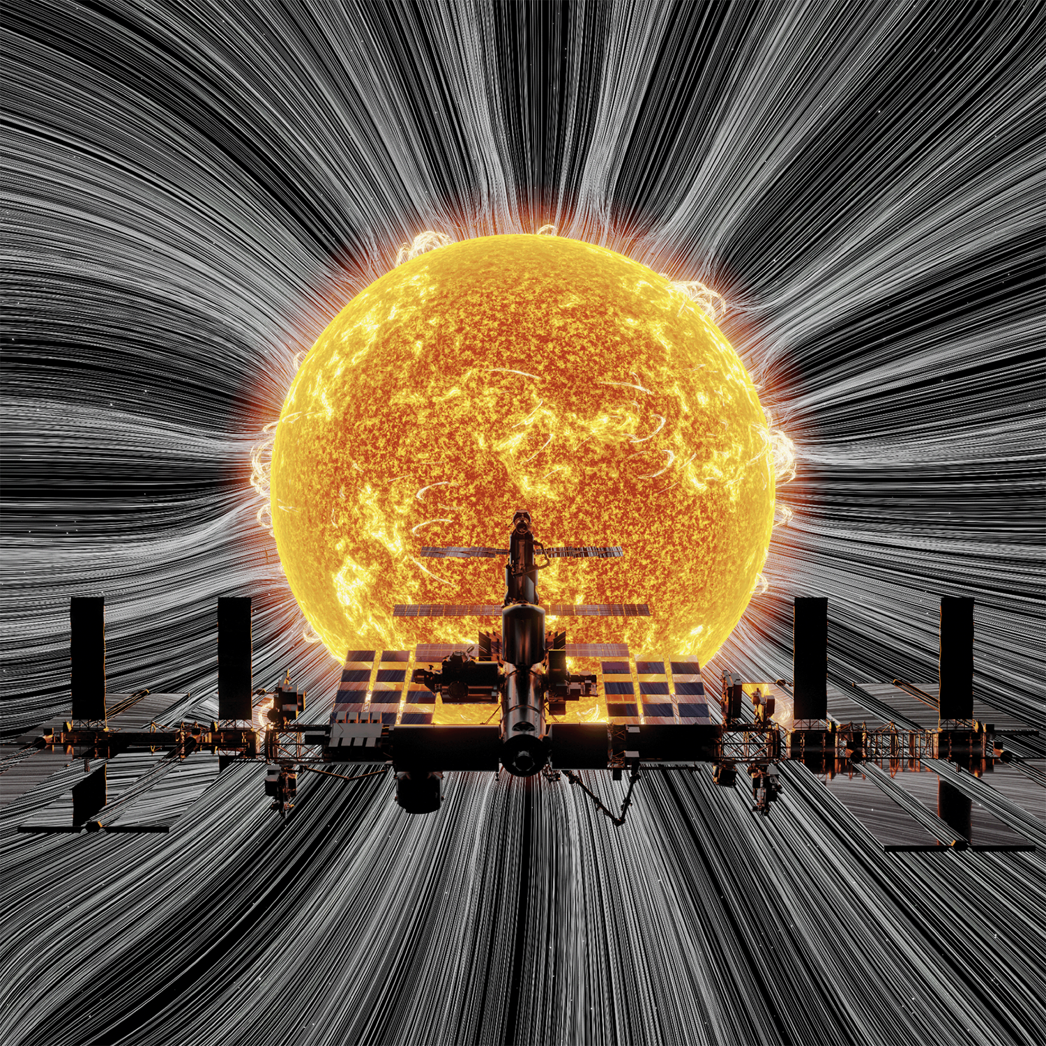 An AI graphic of the International Space Station in front of the sun with lines radiating behind it