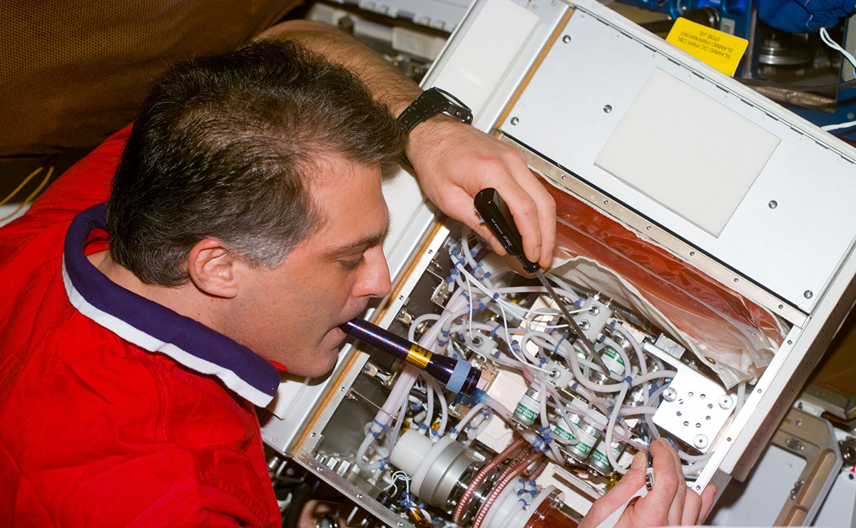 Astronaut David Wolf works on a bioreactor unit aboard the Mir space station