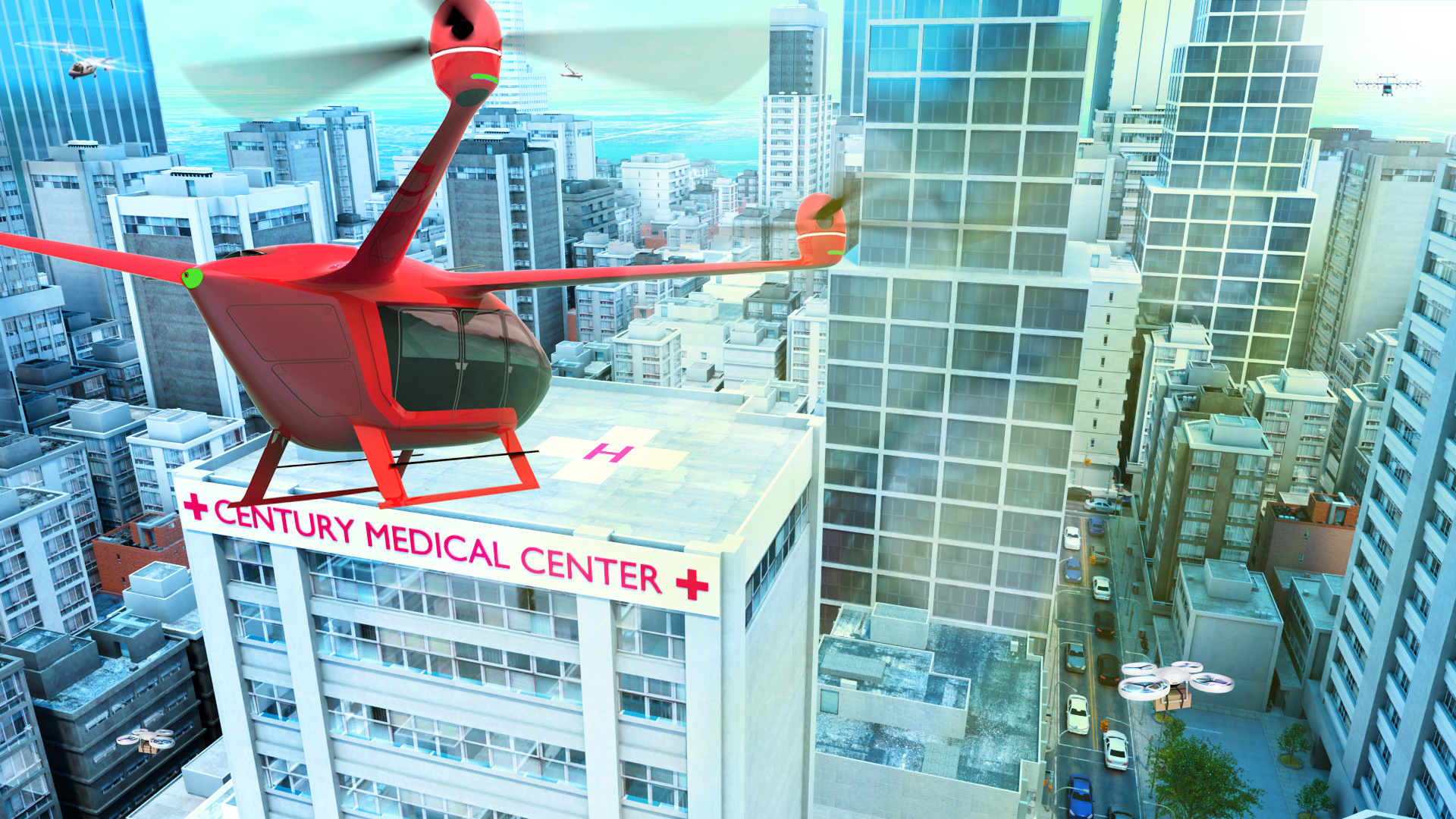 Artist’s rendition of a futuristic aircraft flying in a city, coming to land at a hospital.