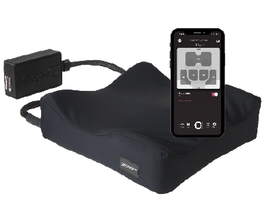 A cushion attached to a box, with a smartphone app overlay showing the sections of the cushion designed to inflate.