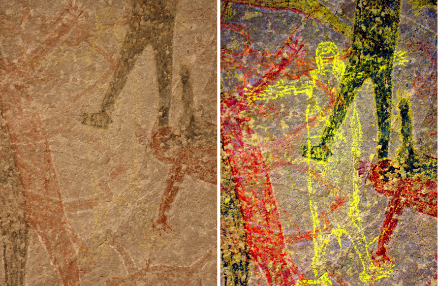 Side-by-side images of a rustic painting on stone. The true-color image on the left shows several figures in earthy colors; the right enhances those figures in red and black and finds a new figure in yellow. 