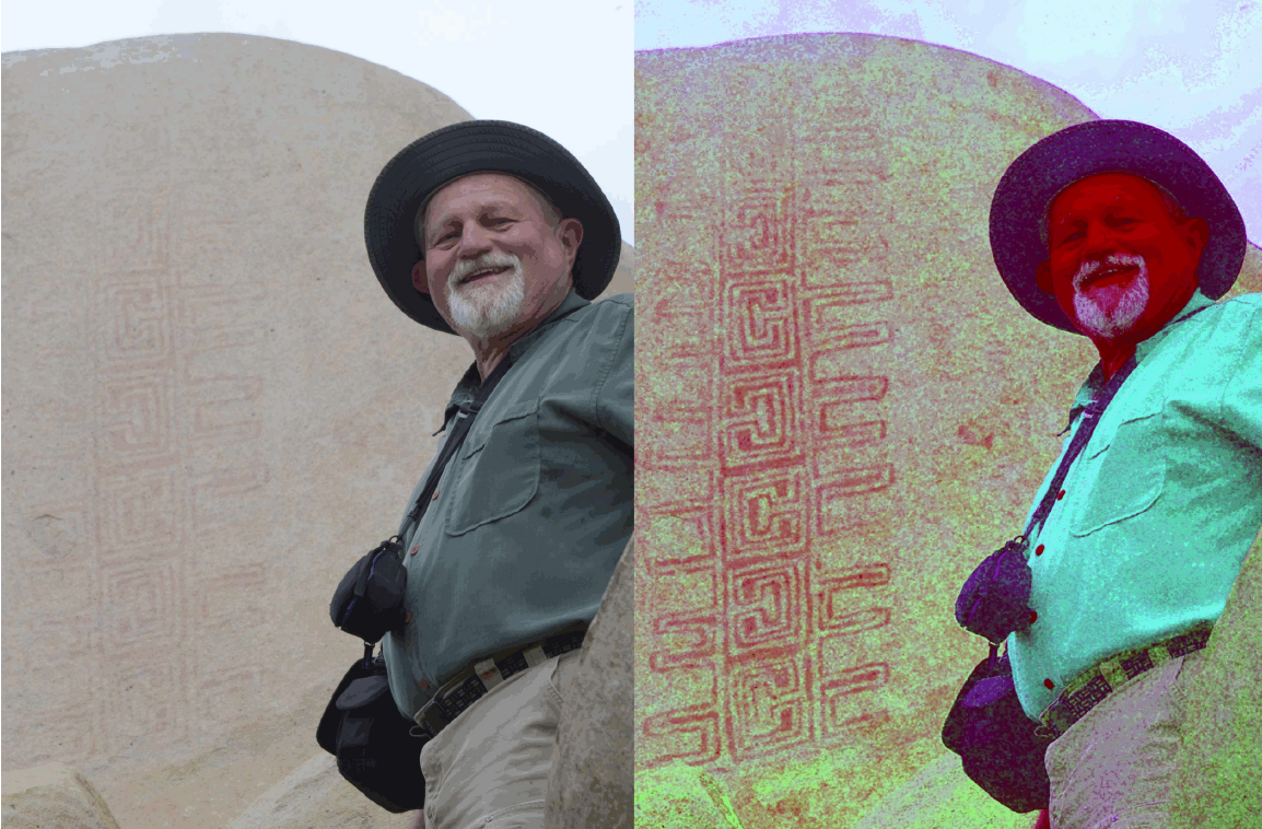 Side-by-side images of a man standing in front of a rock. In the left, true-color image, a faint design is visible on the rock. On the right, the design is enhanced in red, and the man’s face and clothing are also colorized. 