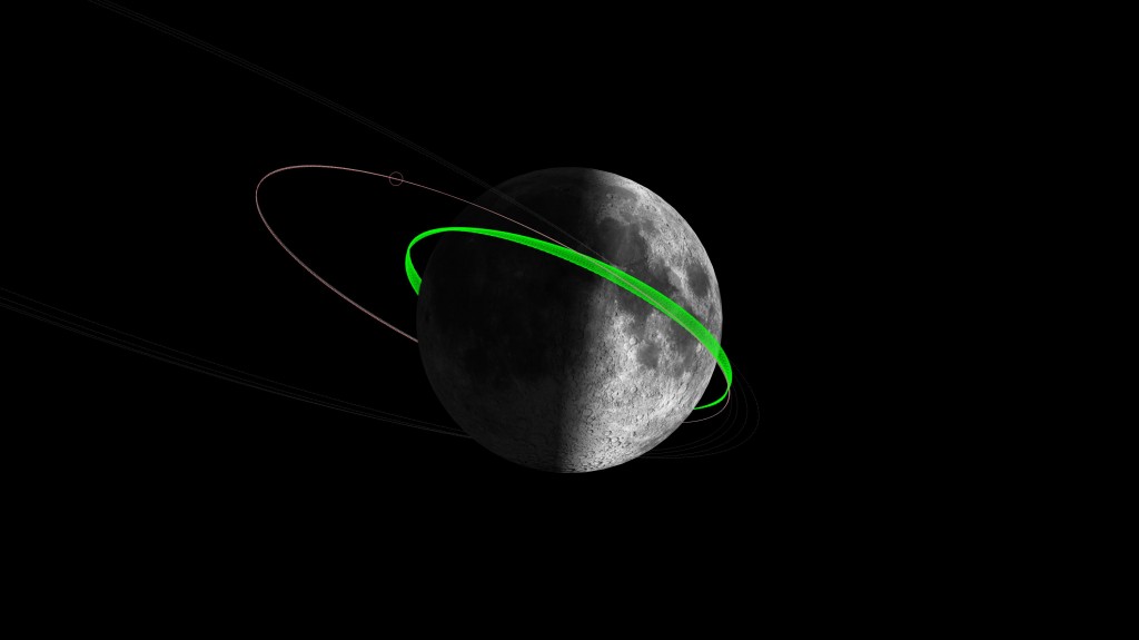A computer-generated image of the Moon wrapped with a green band of light representing the orbit of a spacecraft. An Astrogator-enabled view from Earth of the trajectory of the Lunar Atmosphere and Dust Environment Explorer, a spacecraft that orbited — and, in 2014, deliberately impacted — the Moon to gather information about the lunar atmosphere, conditions near the surface, and the environmental influences on lunar dust. Credit: Space Exploration Engineering LLC