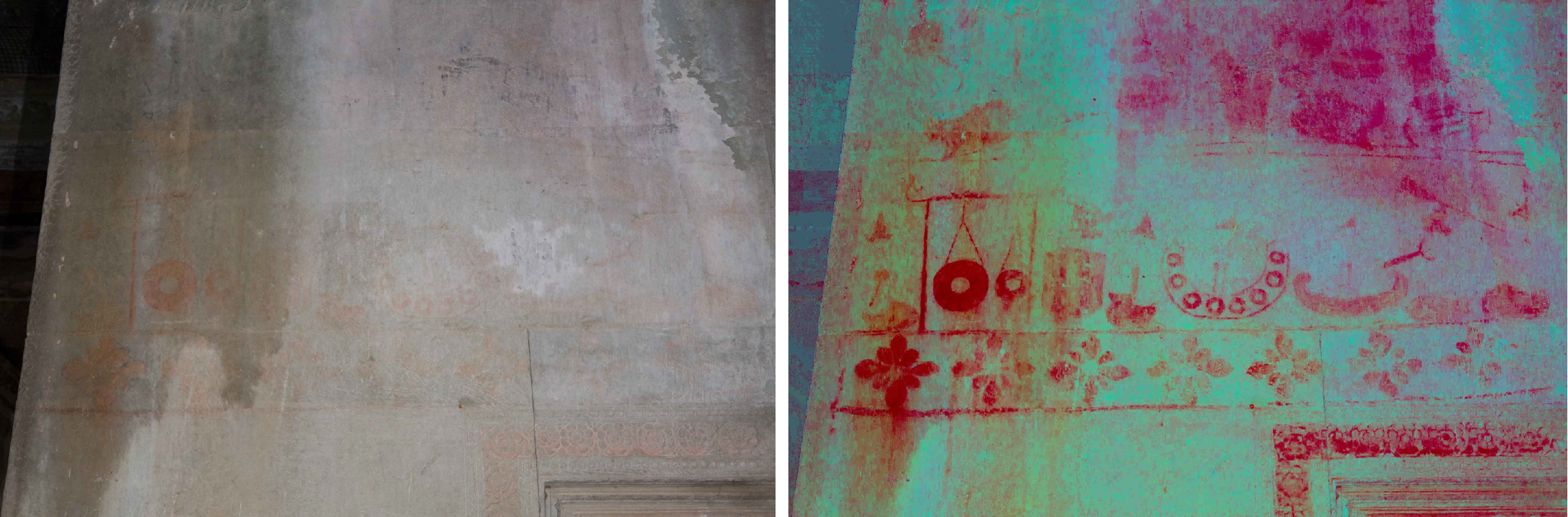Side-by-side images of a stone wall, with a real view on the left showing only hints of red coloration on beige stone, and the right image showing more red details on the wall, which here is colorized blue-green. 