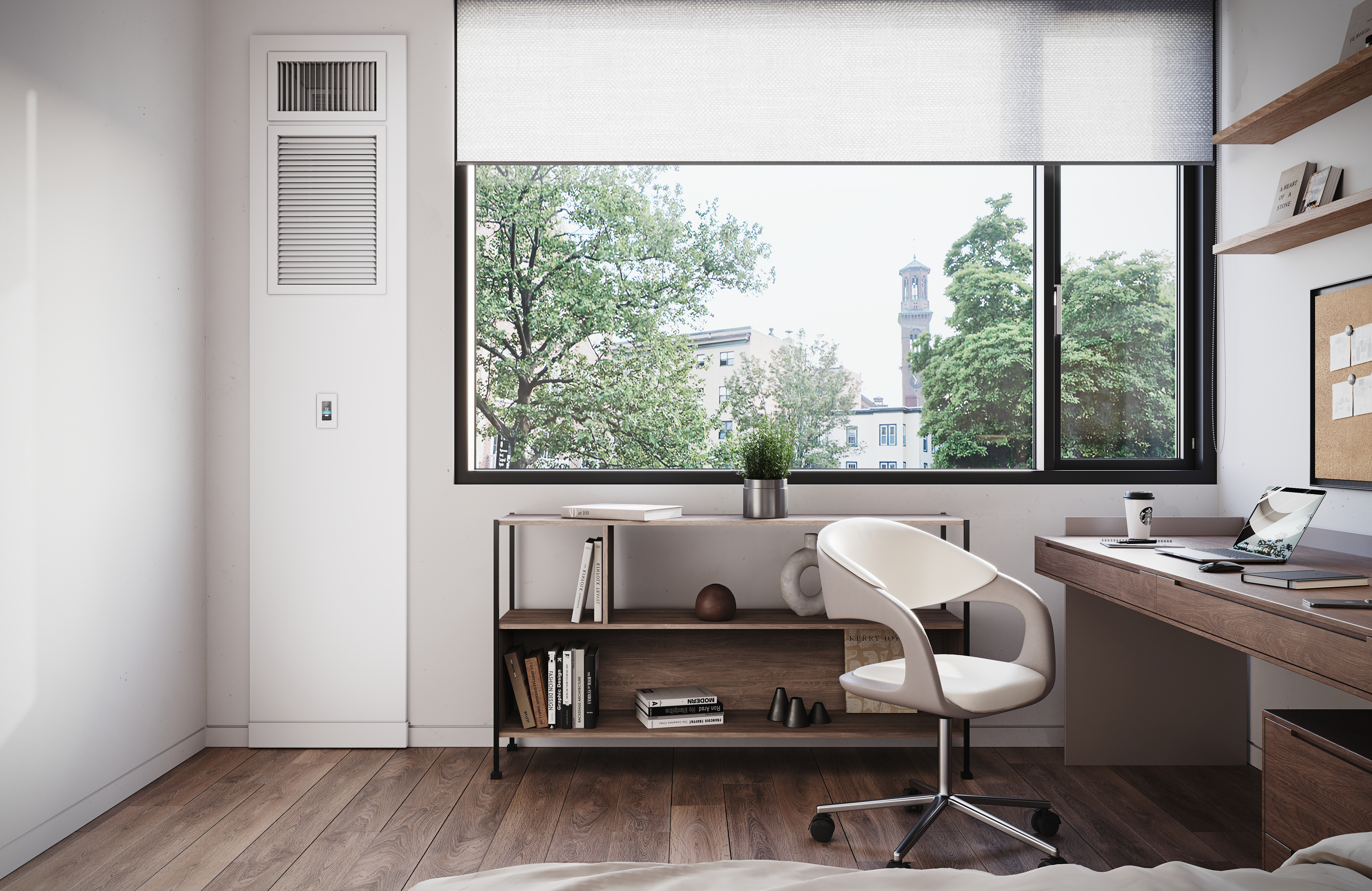 A dorm room, on the right is a desk with a laptop and a cup of coffee, on the left is a ventilation system