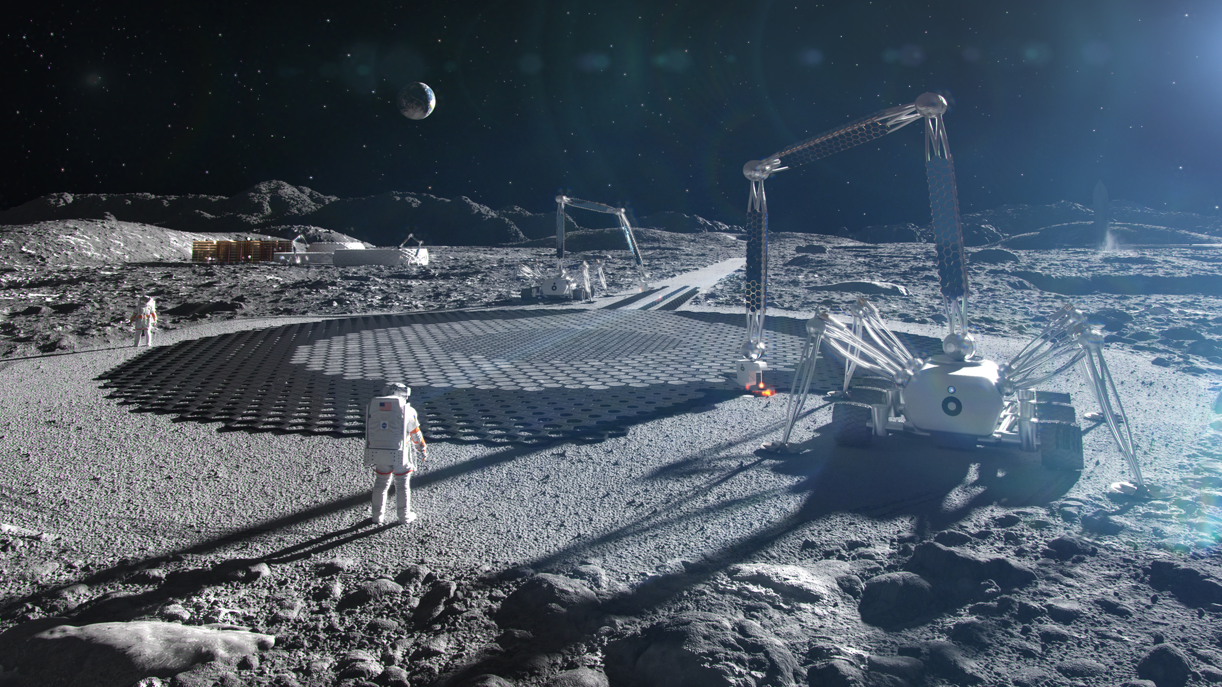 Realistic rendering of spider-like machines building a landing pad on cool, gray lunar regolith, overseen by two astronauts. 