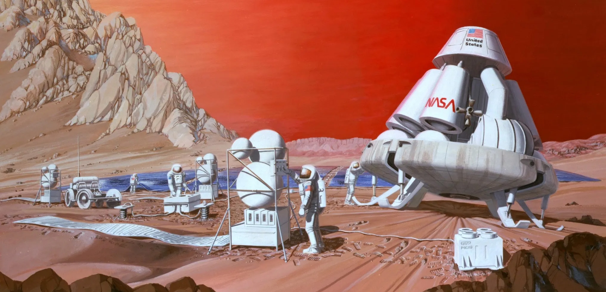 An artist’s rendering of a NASA-branded spacecraft and other machines overseen by spacesuited astronauts on red-brown rocky and sandy terrain. 