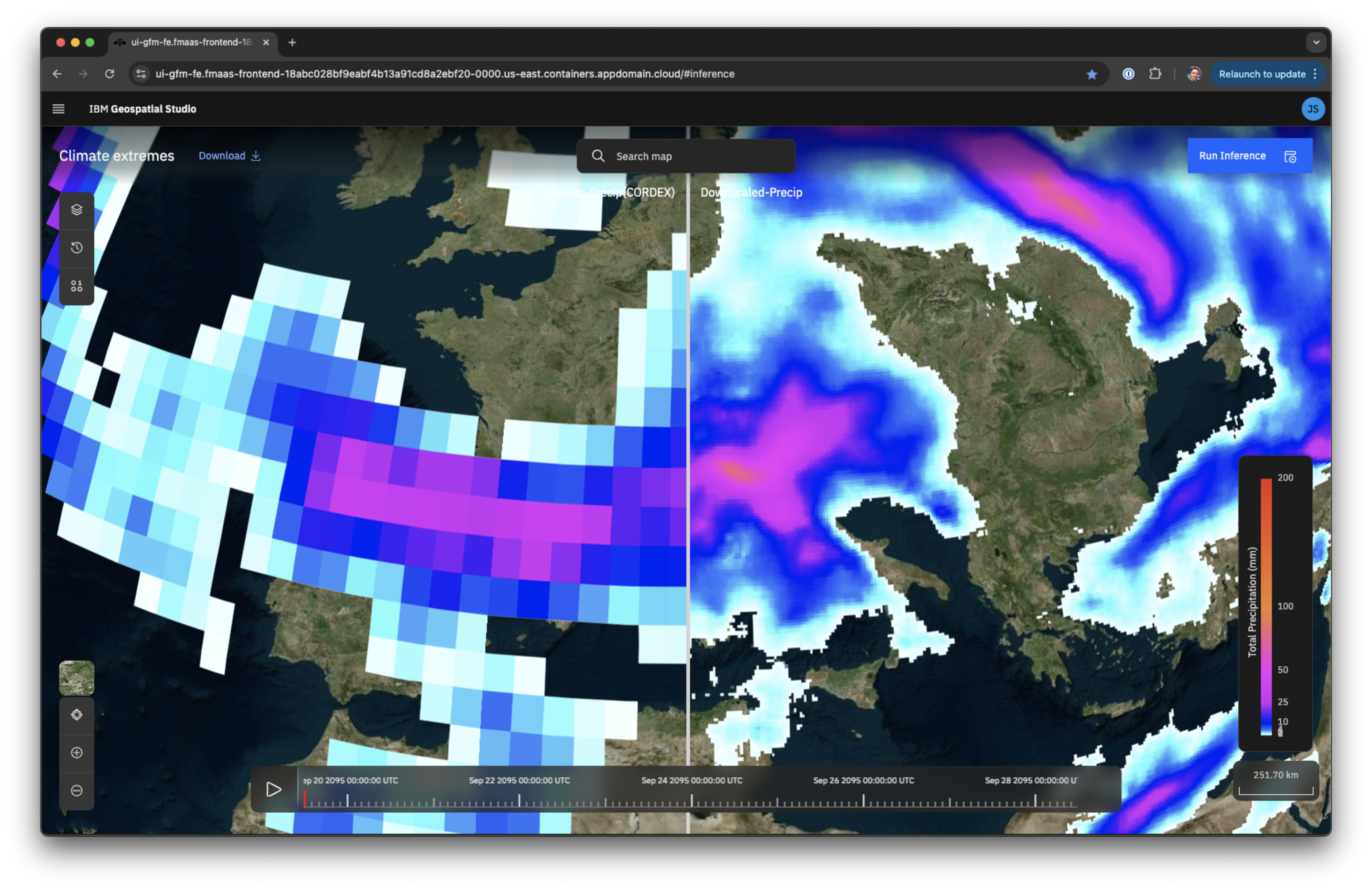 Side-by-side satellite images of a dark green landmass overlaid with white blue and magenta cloudlike shapes that are more pixilated in the image on the left and smoother on the right. 