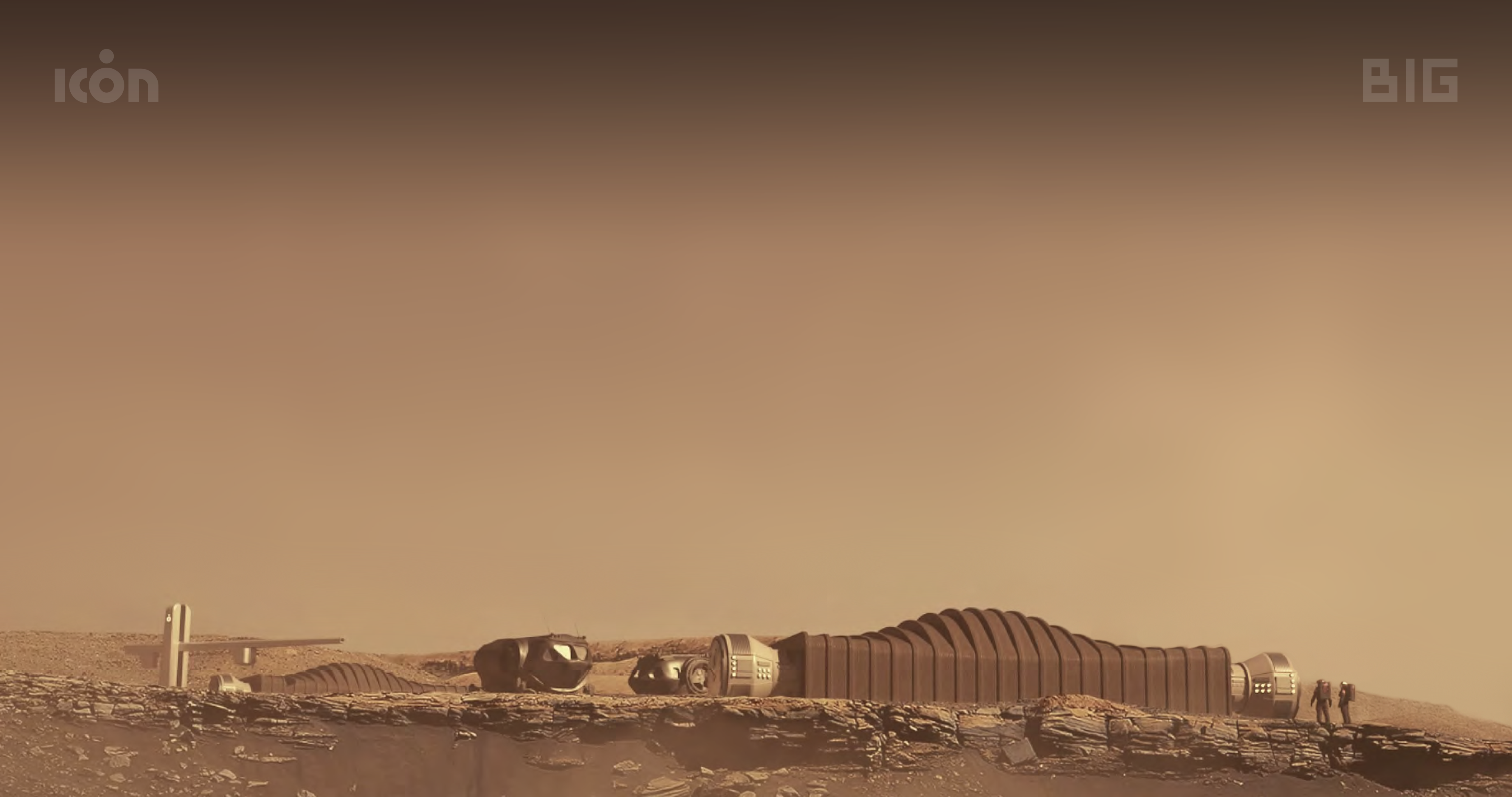 Realistic rendering of a Mars habitat on rocky terrain in sepia and brown tones. 