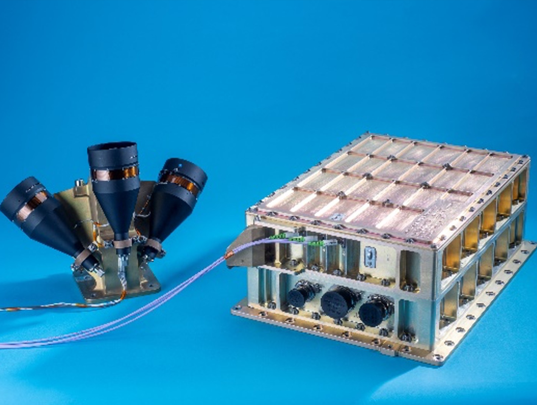 NDL is pictured with its three telescopes and the chassis that contains the electronics and photonics