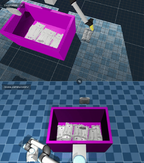 A computer visualization of what a robot sees, showing a box full of metallic parts being interacted with by a simulated robot arm