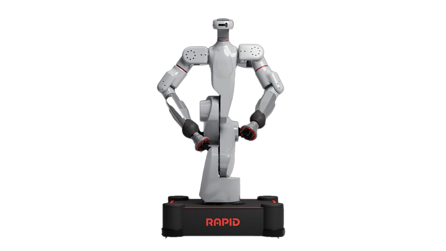 An industrial robot with two arms, on a base with the word “Rapid” on it