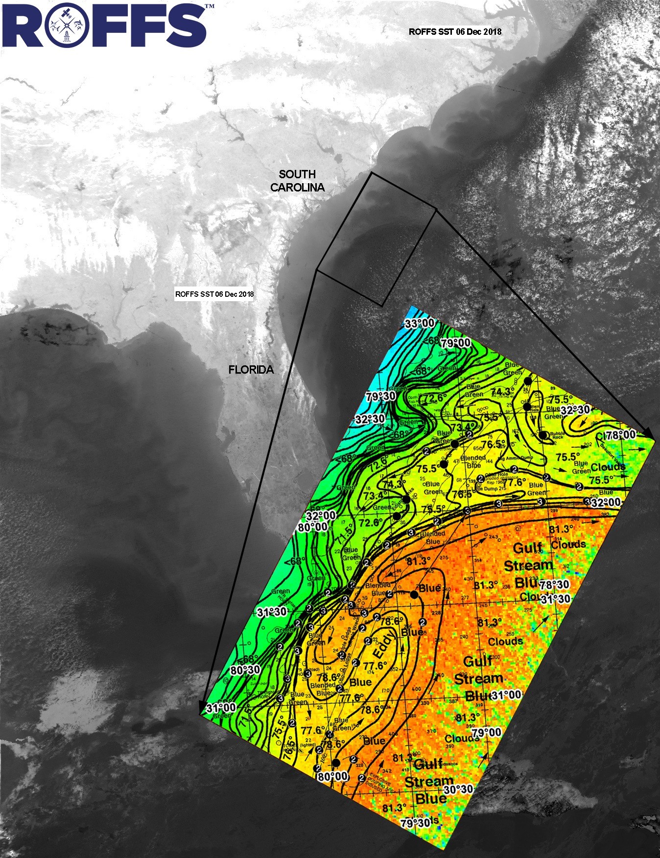 A map shows the southeastern coast of the United States. An inset graphic shows a forecast for where fish will be, and the effect of the Gulf Stream on it