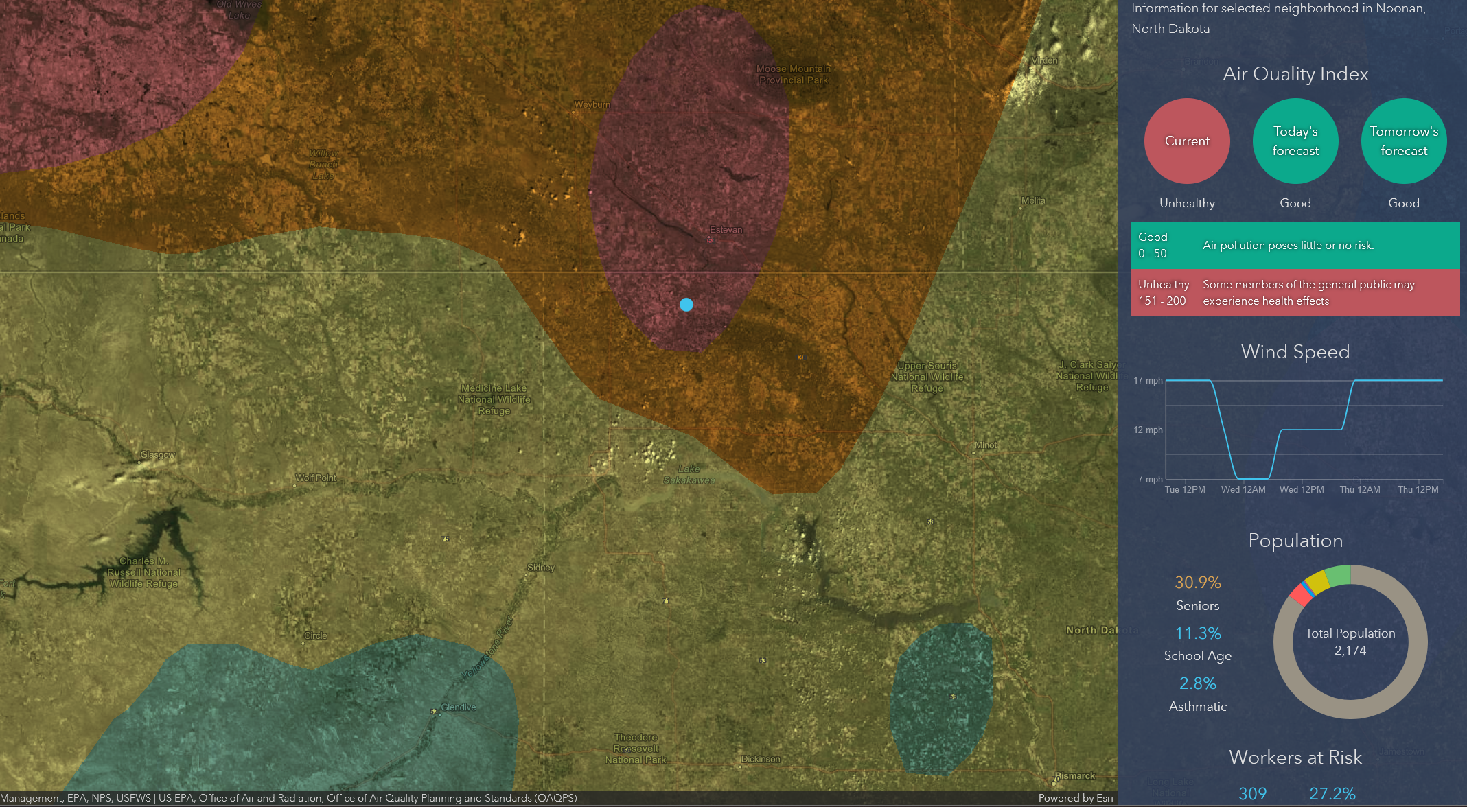 A colorized map on the left, accompanied by an analysis panel on the right called “Air Quality Index” that includes charts labeled “Wind Speed” and “Population.” 
