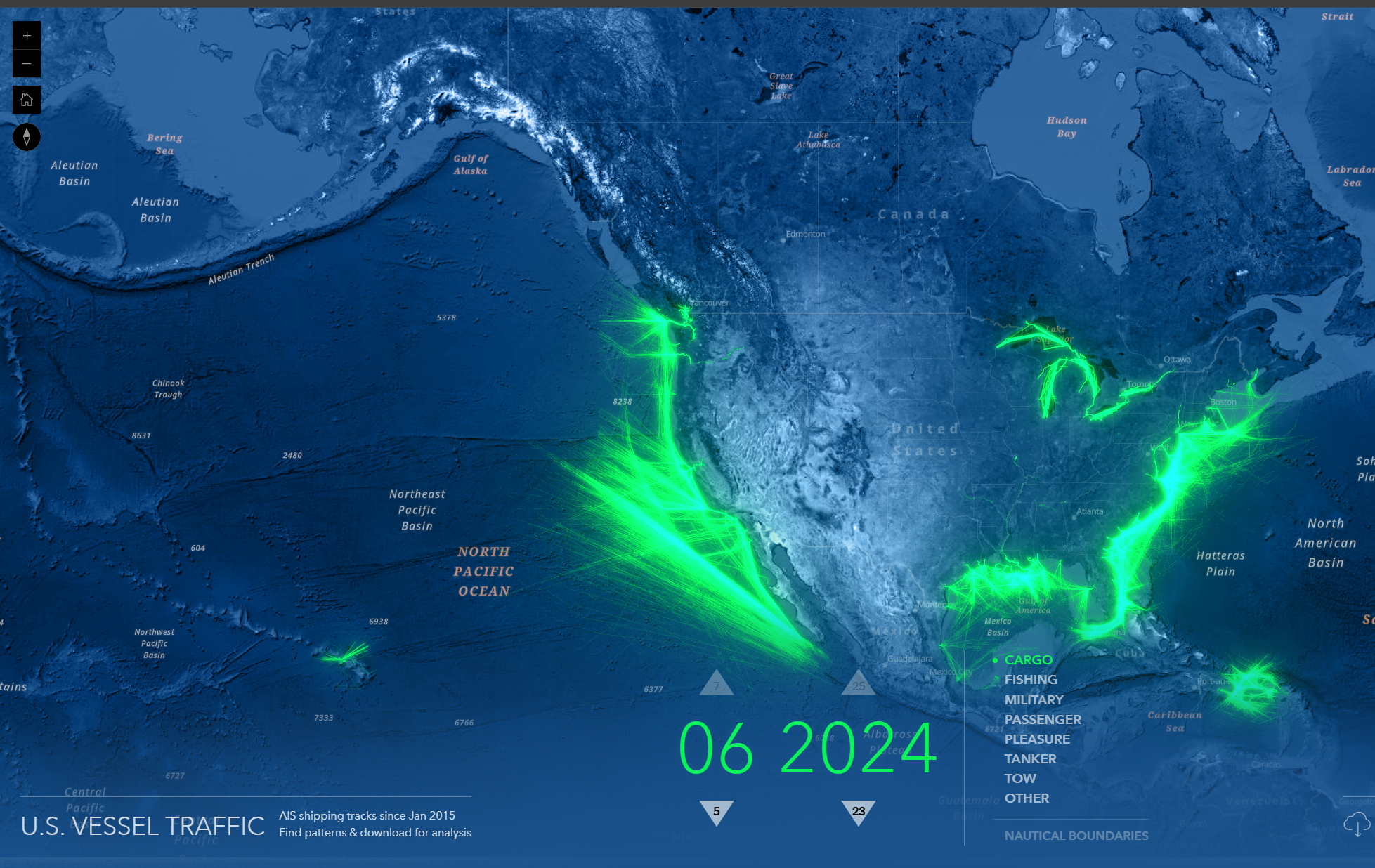 Map of North America showing June 2024 ship traffic routes in bright green along U.S. coasts and the Pacific Ocean.
