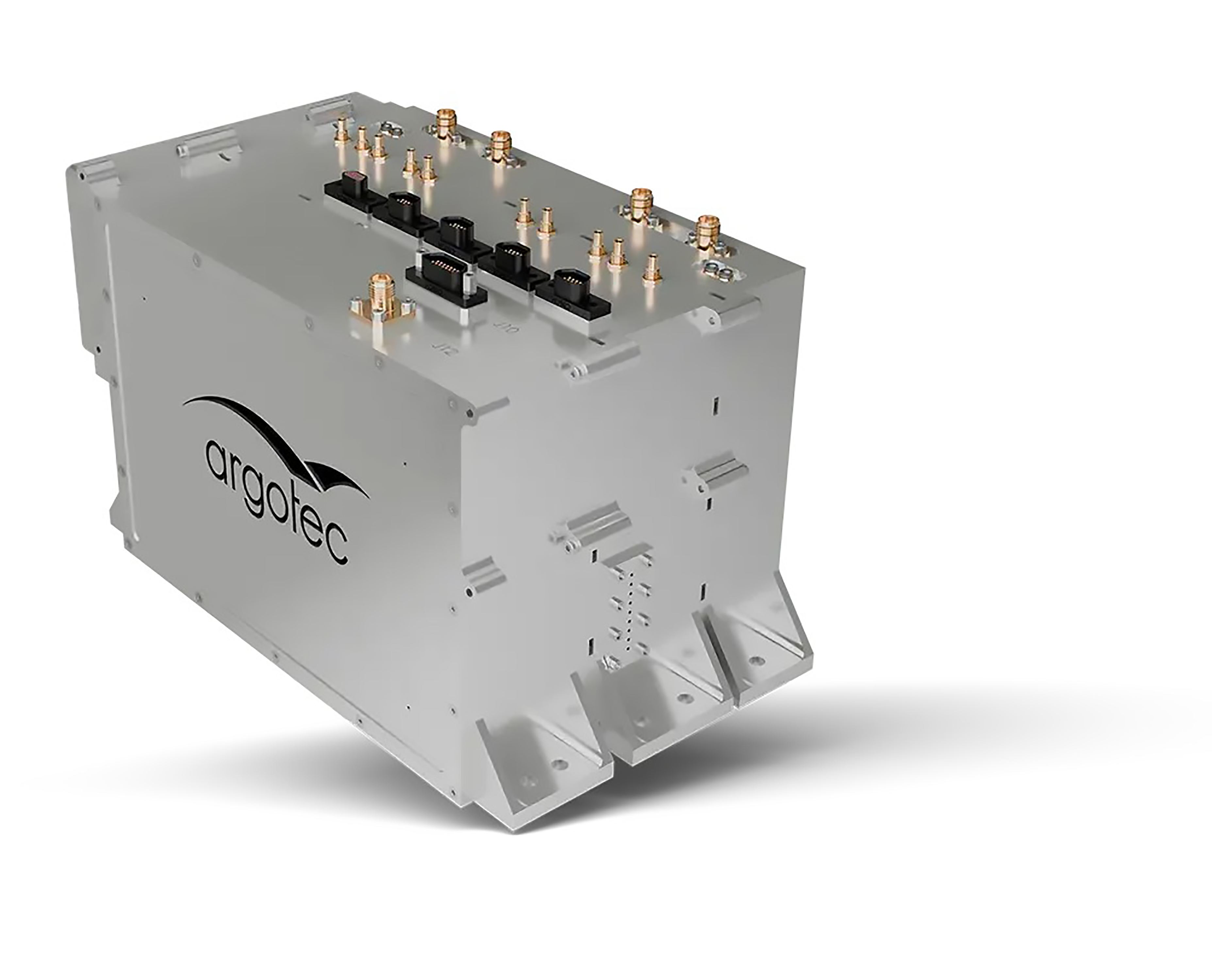 A metal satellite component with the Argotec logo on the side.