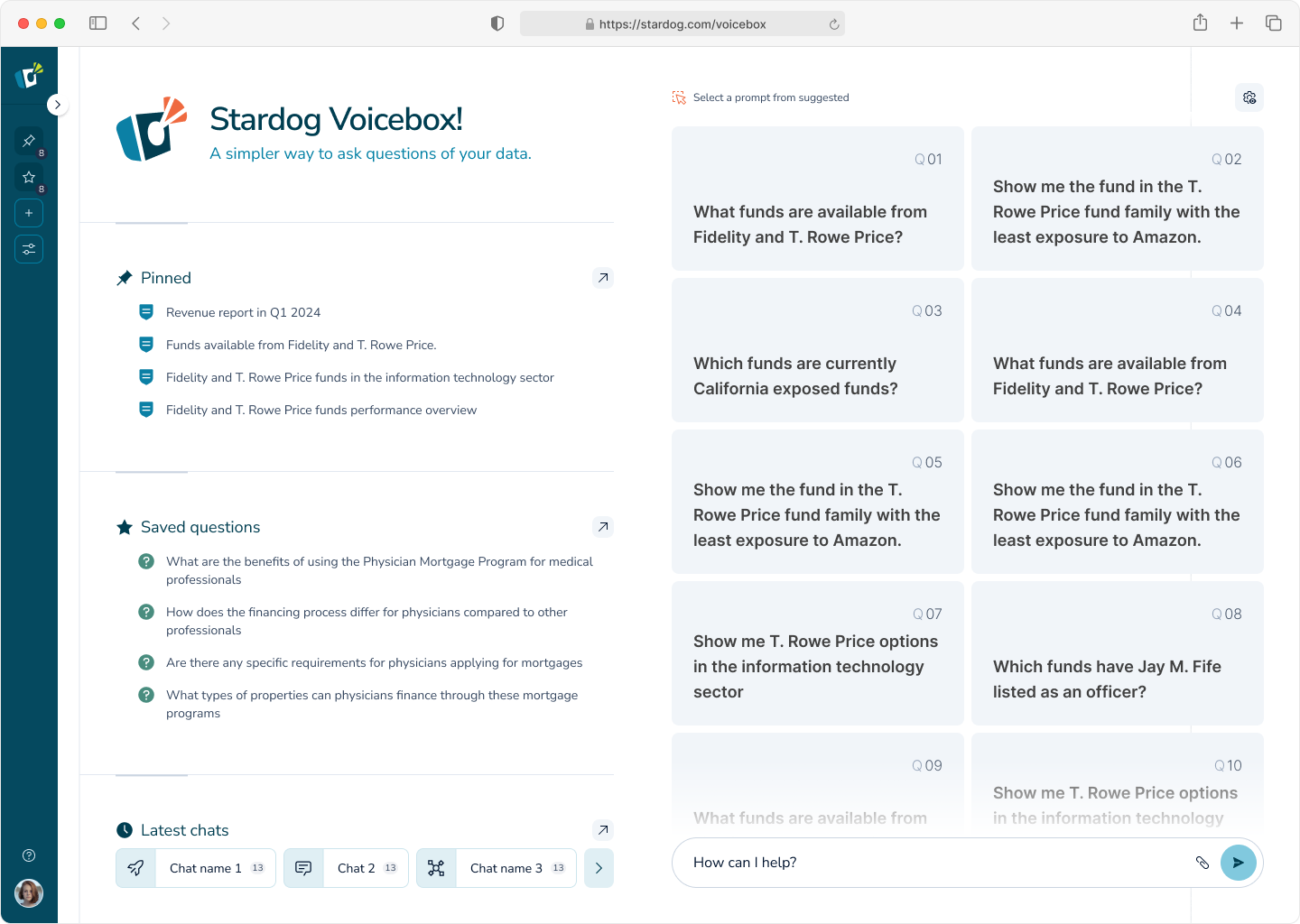 A screenshot of the Stardog Voicebox software, with example questions that can be asked of the user’s financial data. 