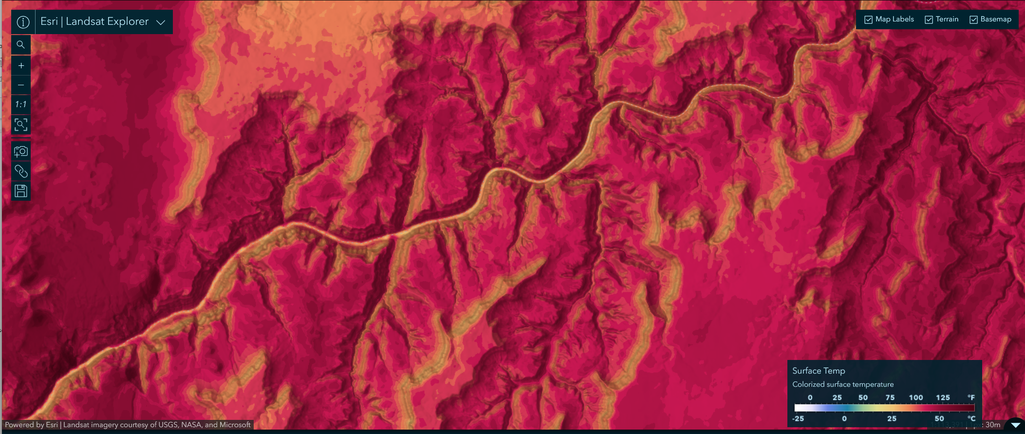 A colorized satellite image, mostly red, indicates surface temperatures above 100, according to an inset key. 