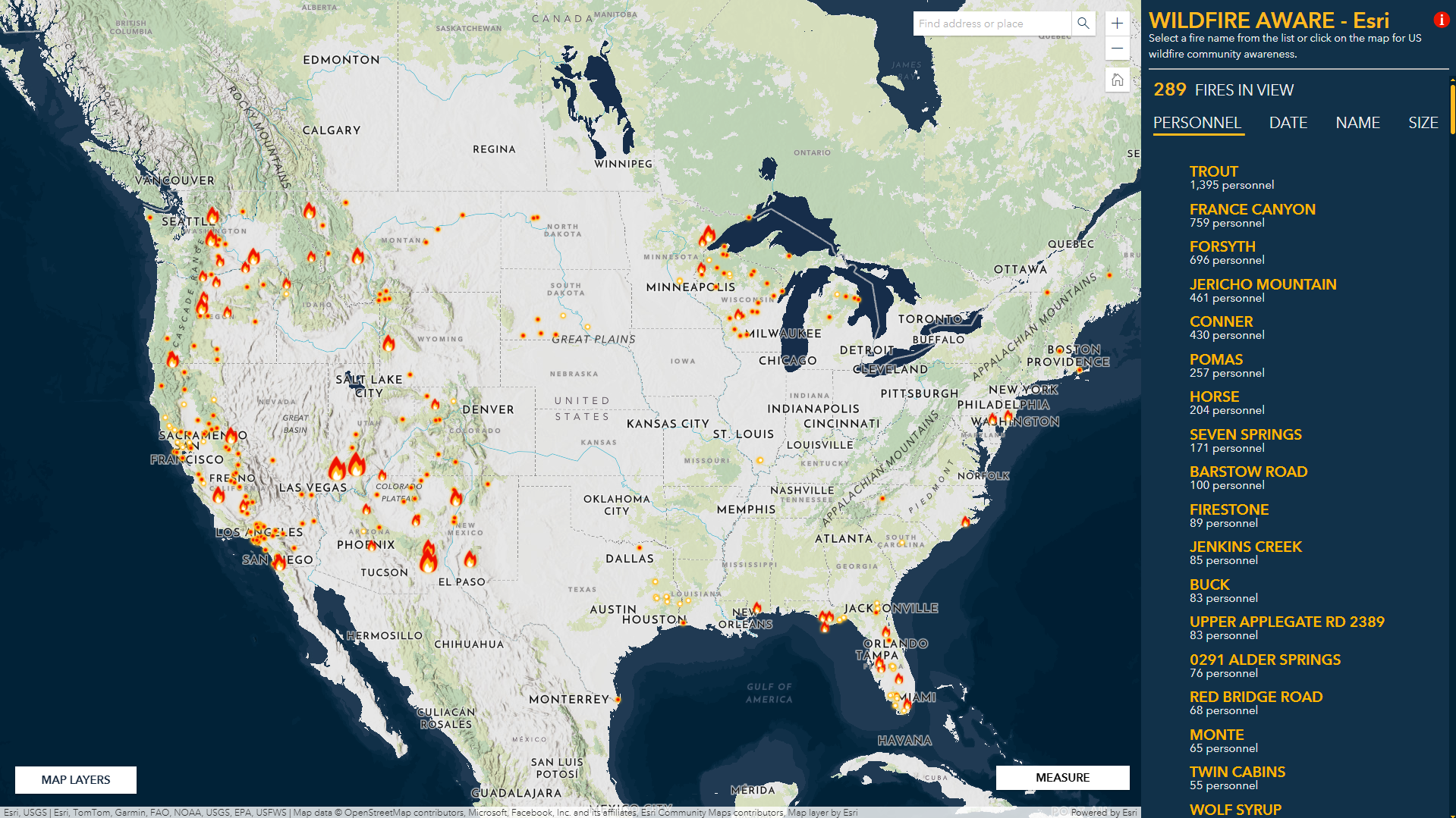 A map of the United States with flame icons indicating wildfires. 
