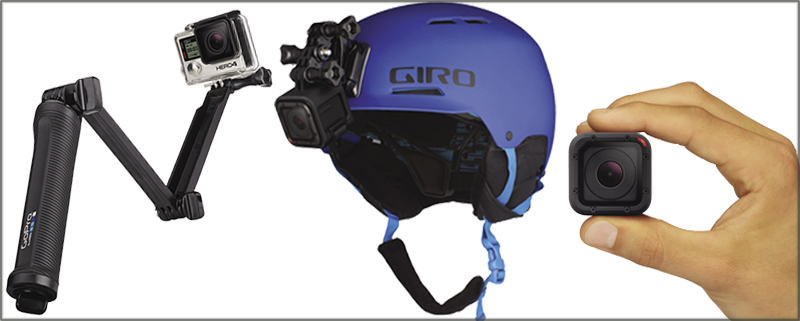 GoPro camera on mount, helmet and hand held