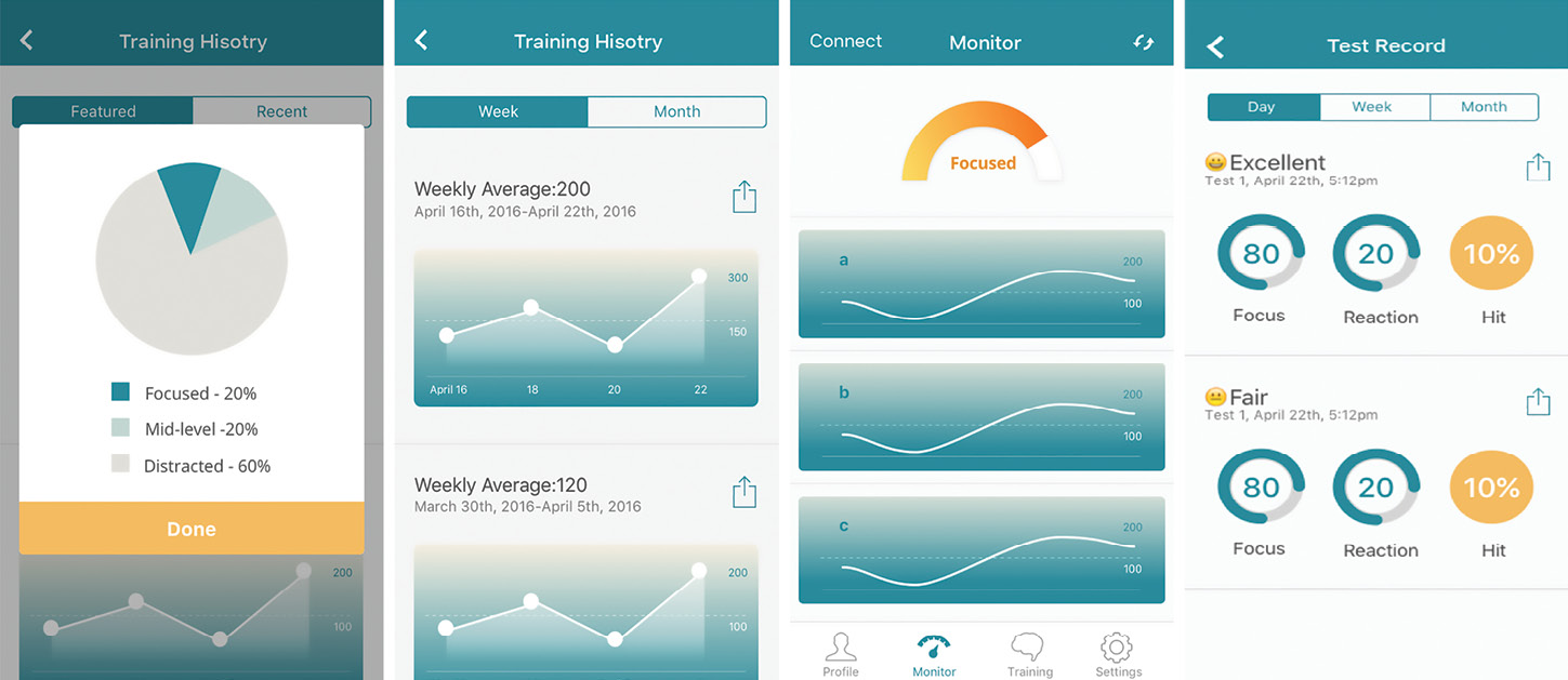 Smartphone screens display the BrainCo app interface