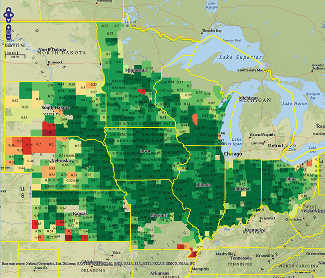 Map of US Midwest comparing GDA’s crop yield forecasts with the USDA’s forecasts across counties