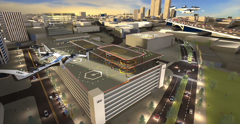 Rendering of urban air taxi rooftop landing zone, with several air taxis in flight