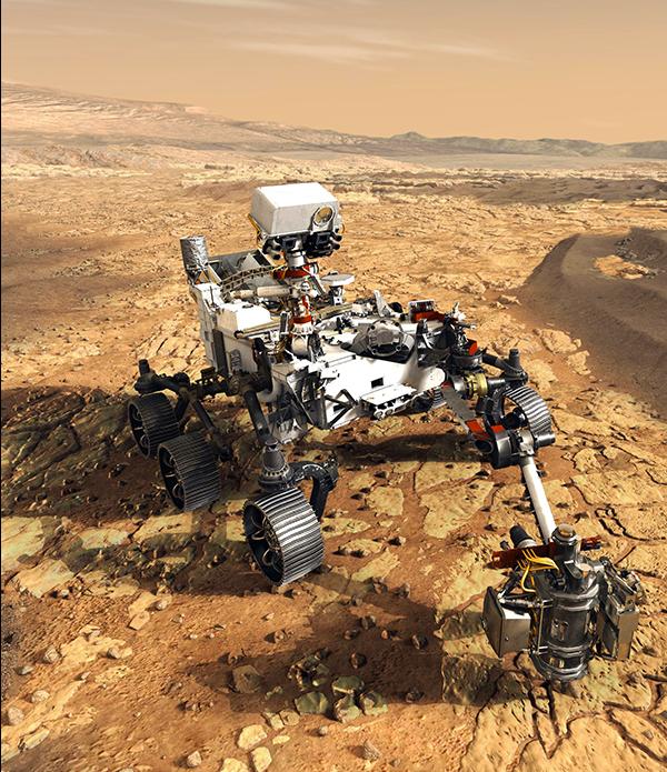 This artist's concept depicts NASA's Mars 2020 rover on the surface of Mars