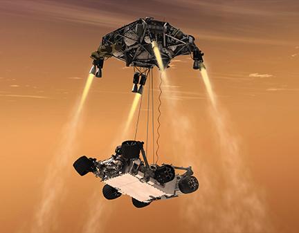 This artist’s concept shows the sky crane maneuver during the descent of the Curiosity Mars rover. Perseverance will use a similar landing technique, but for the first time, onboard cameras and a microphone will record the entire descent and landing. Credit: NASA JPL Artist’s concept showing the sky crane maneuver during the descent of the Curiosity Mars rover