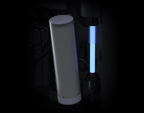 The combination of a NanoCeram filter, left, and an ultraviolet light lets the Oas shower purify and recycle all but the dirtiest water. Credit: Orbital Systems A NanoCeram filter, and an ultraviolet light