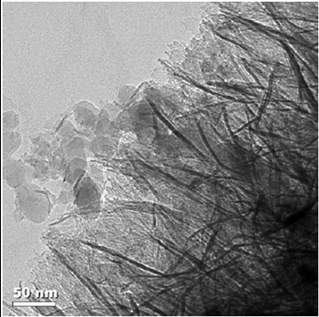 Microscopic nanoalumina particles coat a glass fiber