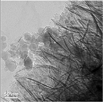 Microscopic nanoalumina particles coat a glass fiber in NanoCeram filter technology. The positively charged particles attract and trap bacteria, viruses, metals, organic material, and other contaminants, such as the virus-sized silica particles seen here. Microscopic nanoalumina particles coat a glass fiber