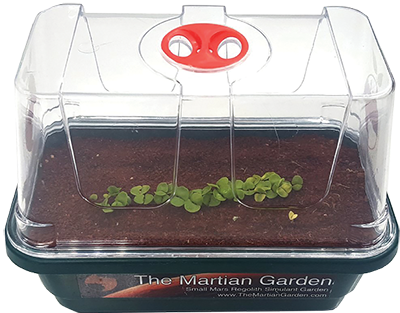 The Martian Garden’s gardening kits include a desktop greenhouse, seeds, fertilizer, and the Mojave Mars Simulant JPL uses to test Mars landers and rovers. The Martian Garden Kit
