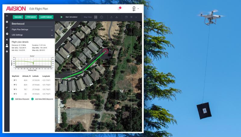 After working with NASA on drone management projects, Santa Monica, California-based Avision developed its own software to help drone pilots map and report their flight paths. The technology was put to use at the height of the pandemic, when some residents in southern California received drone deliveries of masks and hand sanitizer to their backyards. Credit: Avision Inc./Dive Delivery Avision screen grab of drone delivery next to image of drone dropping an item off