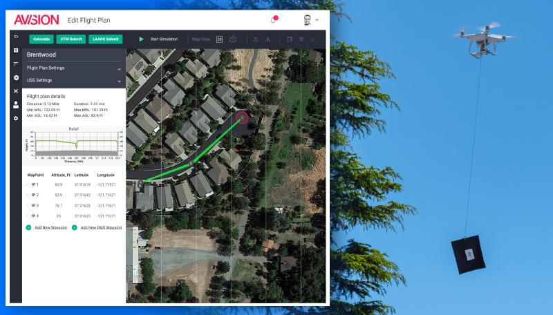 Avision screen grab of drone delivery next to image of drone dropping an item off