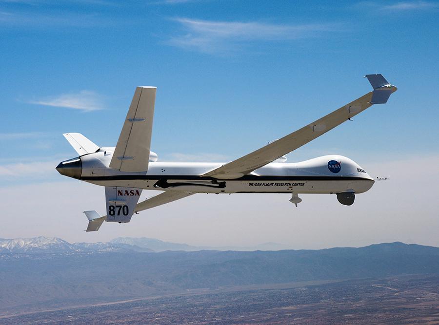 General Atomics has worked with NASA on detect and avoid technology since 2014. The partnership was initially based on the idea of using NASA’s “Ikhana” drone – a version of General Atomics’ MQ9 remotely-piloted aircraft acquired by NASA and pictured here – as a tester equipped with the company’s prototype detect-and-avoid system and compared to NASA’s DAIDALUS algorithms. Credit: General Atomics Aeronautical Systems Inc General Atomics’ MQ9 remotely-piloted aircraft in flight