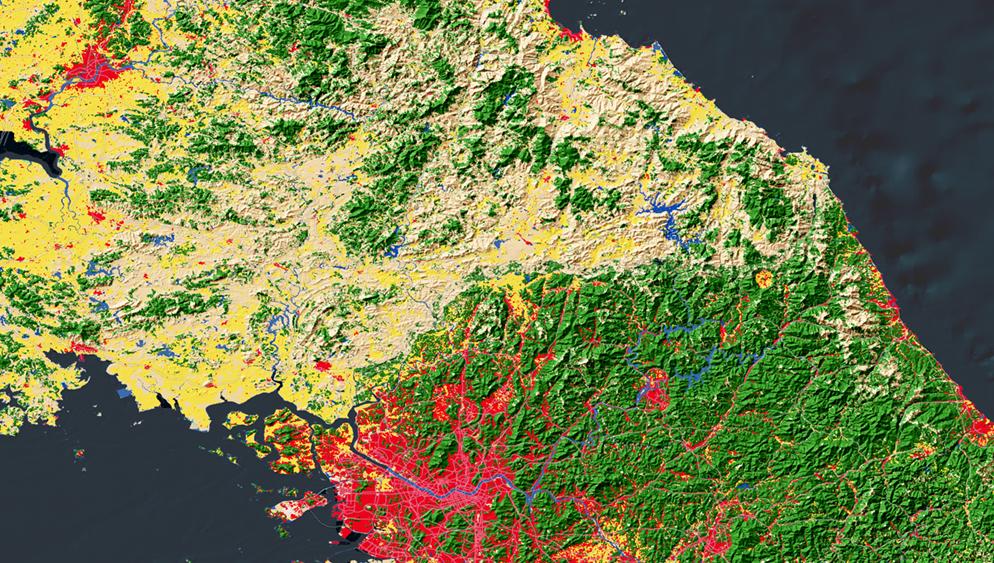 Esri’s ArcGIS system compiles, analyzes, and displays geographic information system (GIS) data to map and analyze information about locations, such as this image from 2017 showing differences in urbanization and forestry resources between North and South Korea. Mitigation strategies can then be developed for climate-related weather changes and disasters. Credit: Esri Urbanization and forestry resources in North and South Korea