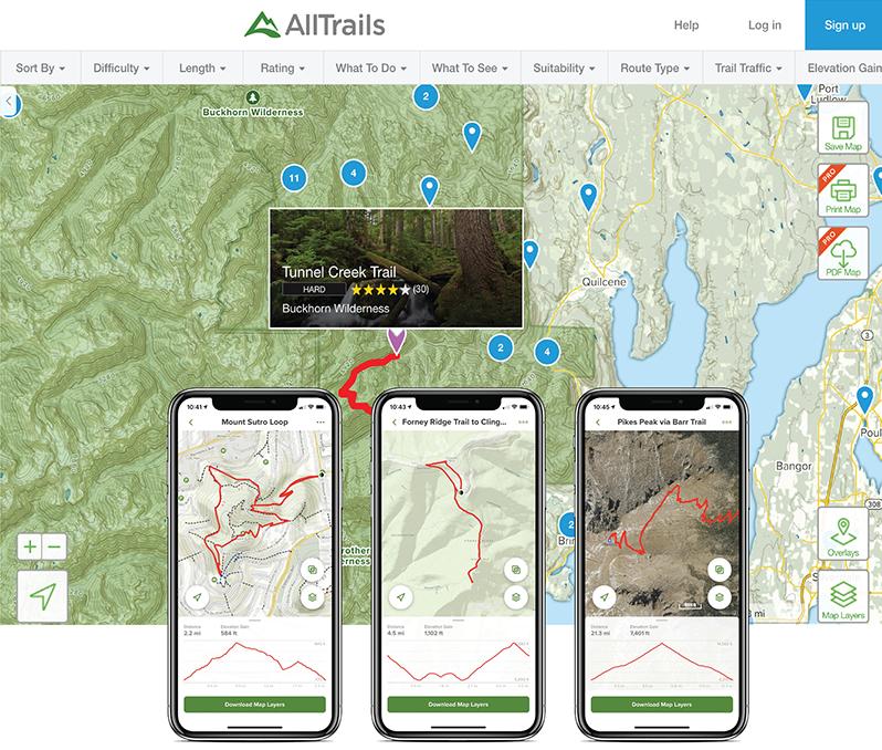 Screen shots from AllTrails, a popular app for finding hiking and biking trails that is built on the Mapbox platform