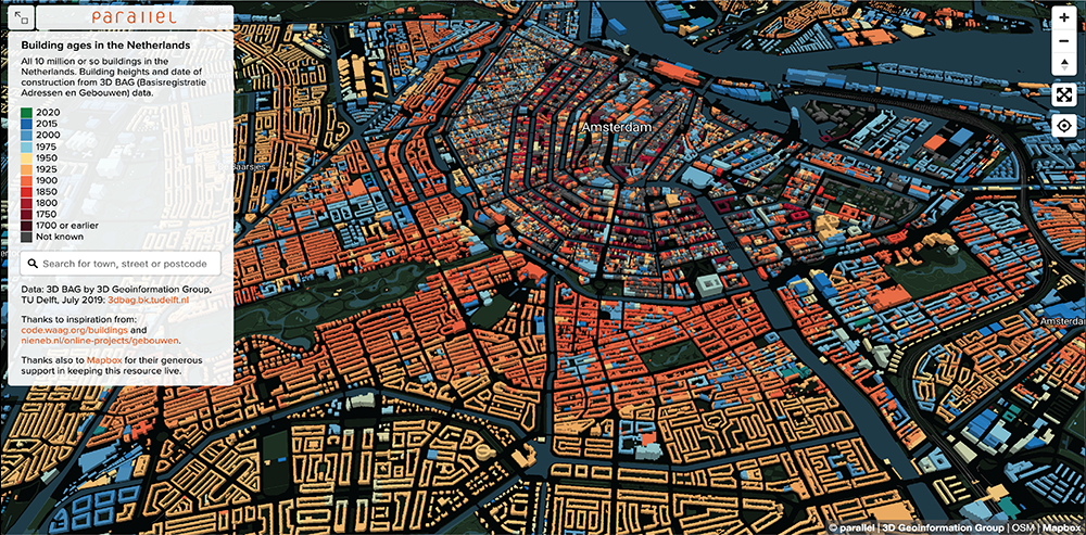 This map depicting the ages of buildings in downtown Amsterdam was built with the Mapbox platform