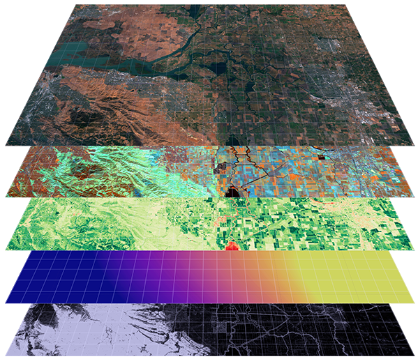 Some of the datasets that go into Perennial’s models to determine soil carbon content include, from top down, visible wavelengths, infrared wavelengths, derived vegetation indices, temperature, and topography