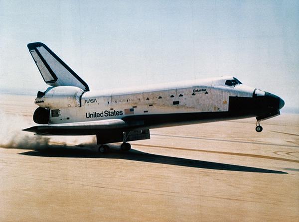 Space shuttle Columbia touches down after the first shuttle mission on April 14, 1981. The world’s first reusable spacecraft and the first combination of launch vehicle, aircraft, and spacecraft, the space shuttle presented new challenges to NASA engineers. To ensure safety throughout repeated cycles of high stress, they created the fracture mechanics and fatigue crack growth software now known as NASGRO. Credit: NASA Space shuttle Columbia touches down after the first shuttle mission on April 14, 1981
