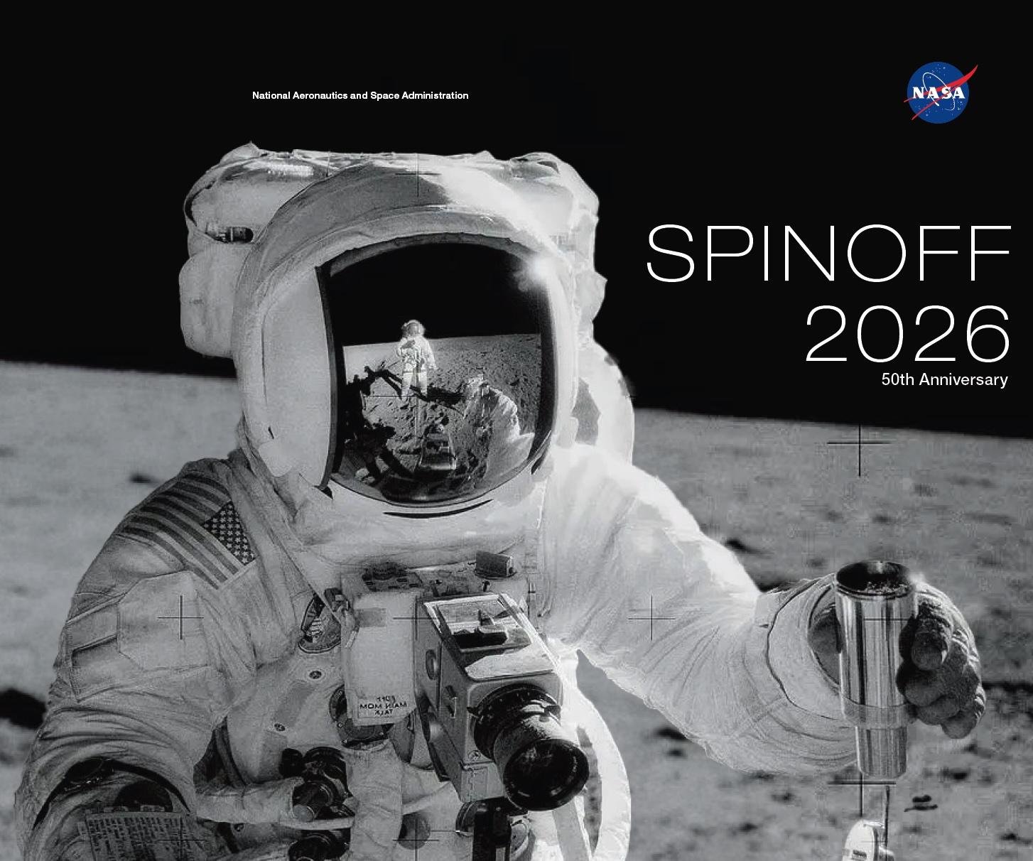 The cover of Spinoff 2026, featuring an astronaut on the Moon