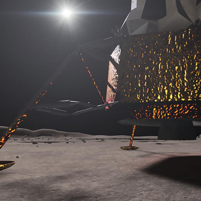 Rendering of an astronaut on the Moon walking in front of the lander