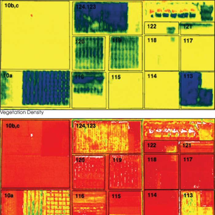 A wealth of information can be gathered about vegetation using hyperspectral imaging, such as vegetation density, top; water deficit, middle; and crop stress, bottom. Using algorithms and techniques it developed with funding from Goddard Space Flight Center, GeoVisual Analytics uses images of farmers’ fields to let them learn more about their crops, including predicted yields. Hyperspectral imagery of vegetation