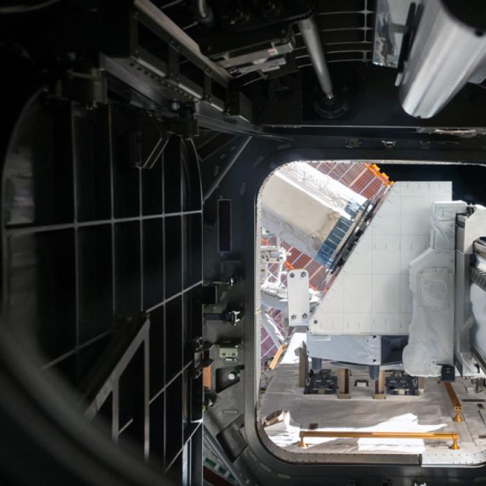 view of the NanoRacks External Payload Platform from inside the International Space Station