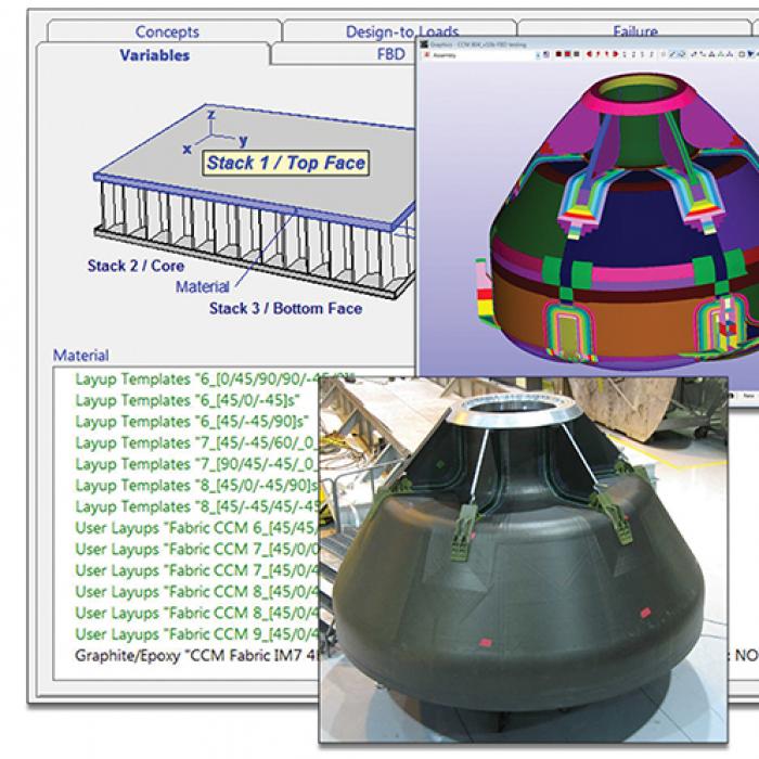 Two HyperSizer screenshots and a resulting model of the Orion crew module