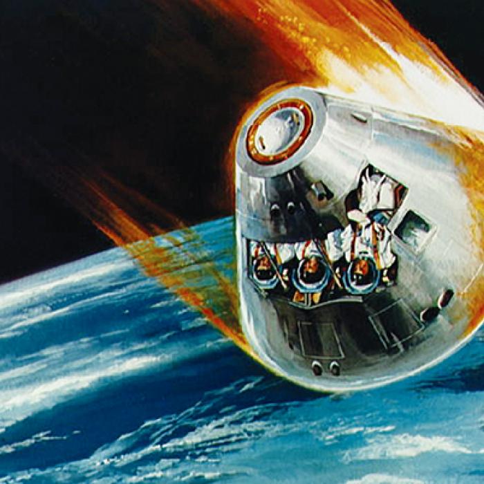 Illustration of the Apollo command module’s fiery descent back to Earth