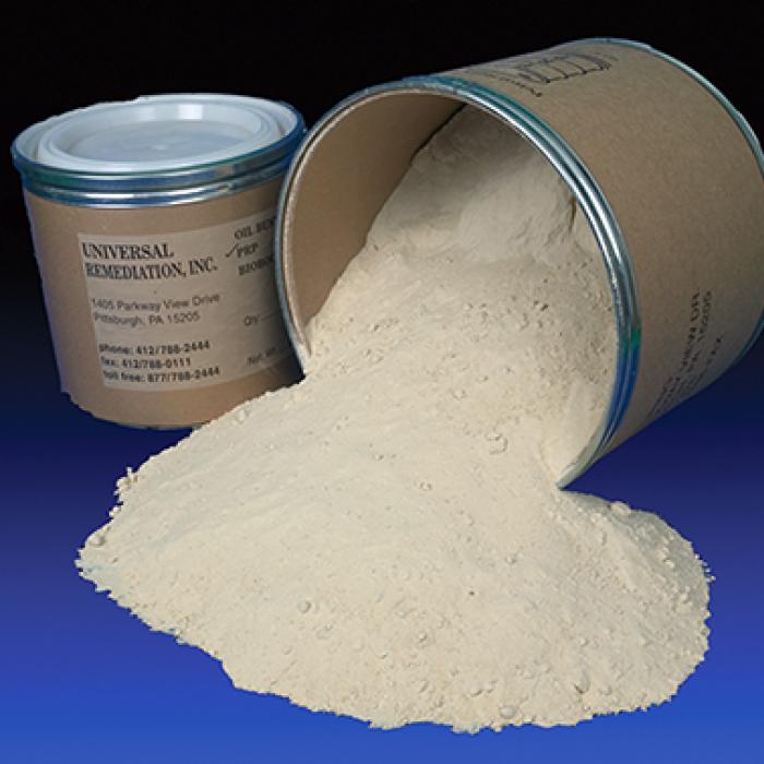 Petroleum Remediation Product in powder form spilling from a container